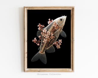 鯉の日本画キャンバスウォールアート – 青緑色の水に桜のプリント