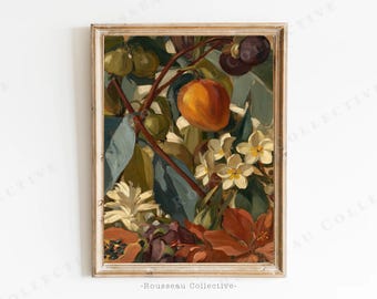 Classic Tropical Papaya and White Blossom Art Print | Exotic Fruit Still Life | Island Decor