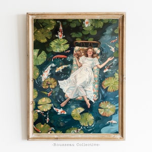 Verträumtes Koiteich-Kunstdruck-Poster, wunderliche Entspannungsszene, ruhige Seerosenblattkunst, Boho-Ästhetische Wanddekoration, Natur inspirierte Illustration