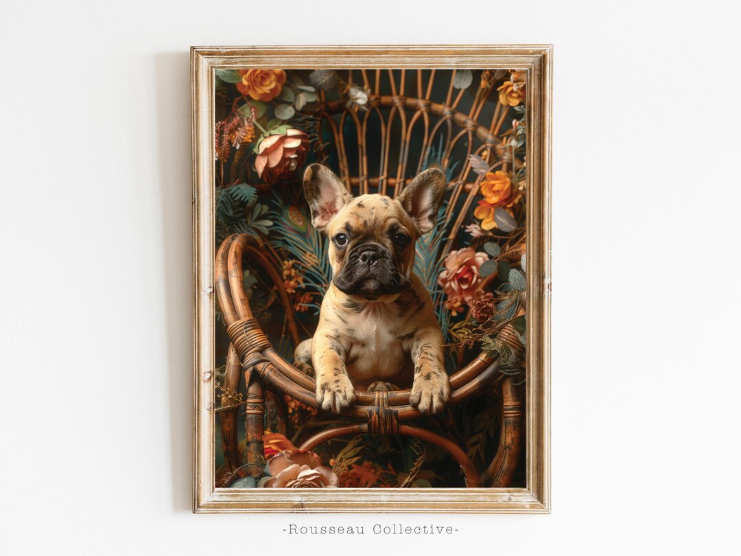 ヴィンテージフレンチブルドッグアートプリント：ダークアカデミア犬