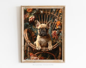 ヴィンテージフレンチブルドッグアートプリント：ダークアカデミア犬