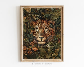 May include: A close-up of a leopard's face peering through lush green foliage. The leopard's fur is a mix of brown, black, and gold, and its eyes are piercing. The background is a dense jungle scene with leaves, flowers, and vines.