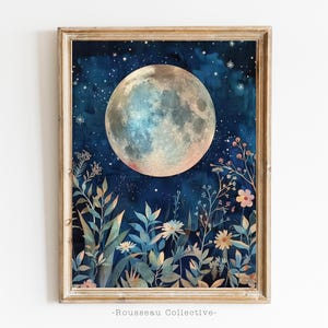 Himmlischen Mond Wall Art Print | Verträumtes Blumen Poster | Mondlicht Wohndeko | Mystisches Boho Schlafzimmer Poster - Dark Academia