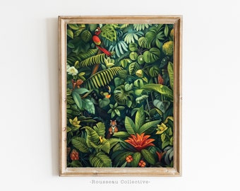 Lámina artística inspirada en Henri Rousseau de la selva tropical / Ilustración botánica exótica