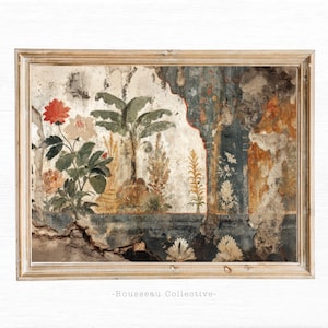 Stampa artistica murale dell'era coloniale, texture vintage di decadimento botanico, dipinto floreale invecchiato e rovinato, arredamento rustico Wabi Sabi, arredamento tropicale