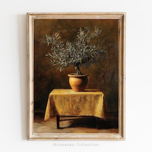Stampa artistica di ulivo d'epoca, stampa rustica di fattoria, natura morta di fiori, arte murale botanica, stampa di ulivo antico in vaso, barattolo di ulivo