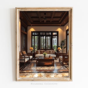 Vintage Indochine Kolonialhaus, Dschungel-Wandkunst, asiatisches Kunsterbe, britischer Kolonialstil, botanisches tropisches Dekor, Boho-Fotokunstdruck