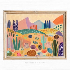 Bunter abstrakter Wüstenlandschaft Kunstdruck - Lebendige Kaktus- und Berglandschaft, perfektes Geschenk für Kunstliebhaber oder Boho-Wand-Dekor
