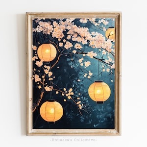 Lanterne giapponesi e fiori di ciliegio - Elegante stampa artistica floreale per decorazioni ispirate allo Zen, caldo bagliore contro notti serene color verde acqua