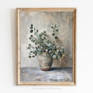 impression d'art vintage eucalyptus, impression de ferme rustique, nature morte de fleurs, impression d'art botanique, impression de vase d'eucalyptus antique, eucalyptus