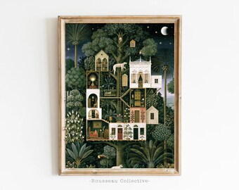 Whimsical Exotic Forest Jungle Treehouse  Henri Rousseau Style Art Print