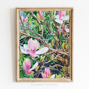 Vintage Watercolor Art Print of Magnolia Tree Flowers, Rustic Farmhouse Style, Still Life Art, Magnolia Flower Art, Landscape Cottagecore