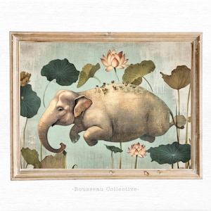 Lámina de pared de elefante y loto flotante: decoración caprichosa de elefante de inspiración asiática, arte animal surrealista para habitaciones infantiles o interiores bohemios.