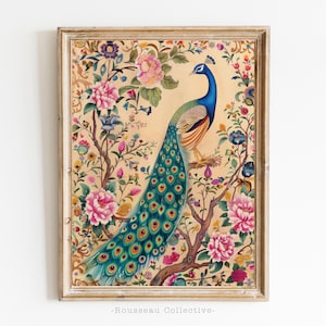 ボヘミアン ピーコック アートプリント – ヴィンテージ装飾鳥イラスト、エキゾチックな壁アート、植物の花の装飾、インドのピーコックポスター、マキシマリスト