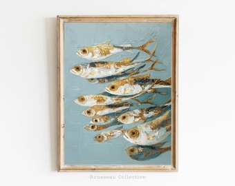 Abstract Fish Poster - Gold School of Sardines - Marine Life Wall Art Print