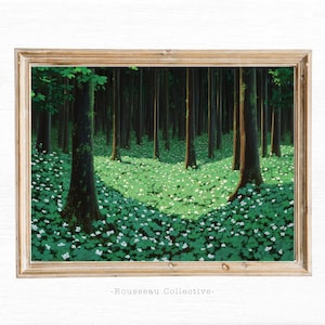 Verzauberte Waldlandschaft Kunstdruck, Naturszene, grüne Waldlandschaft, botanisches Wanddekor, mystischer japanischer Anime-Stil