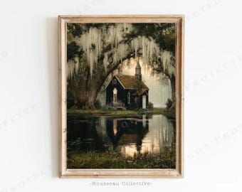 Louisiana Bayou Chapel Print | Eerie Southern Gothic Decor | Spanish Moss Oak