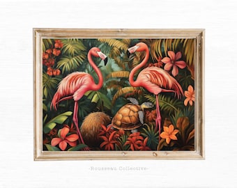 Henri Rousseau inspirierter Vintage Flamingo-Dschungeldruck: Tropisches botanisches Wanddekor