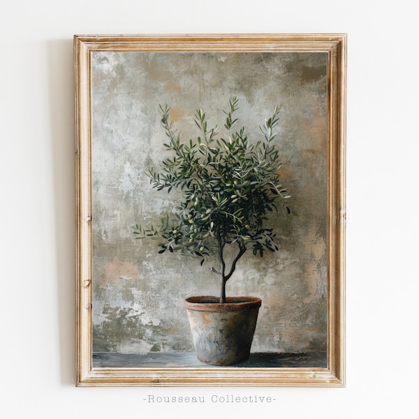 Vintage Olive Tree Painting, Rustic Farmhouse Print, Flowers Still Life, Botanical Oil Painting, Antique Olive Tree in Vase Print, Olive Jar