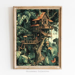 Stampa artistica della casa sull'albero della giungla magica - Decorazione murale tropicale ispirata a Henri Rousseau - Decorazione murale fantasy della giungla del loto bianco Decorazione per la casa verde