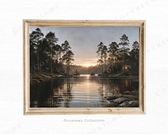 Christmas Lake Cabin Art Print | Nostalgic Americana Holiday Wall Decor