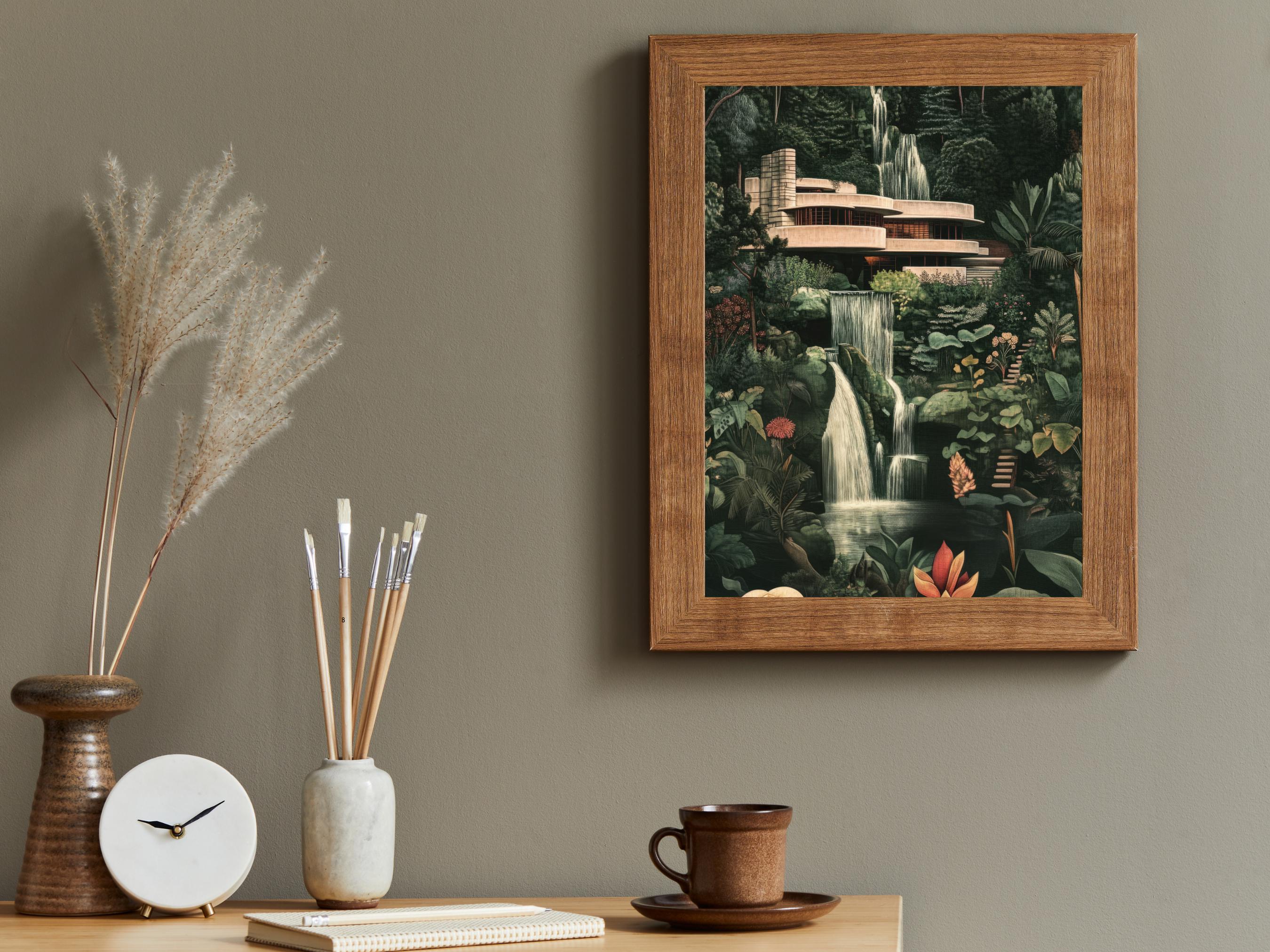 Fallingwater Illustration Art Print: Frank Lloyd Wright Inspired Jungle ...