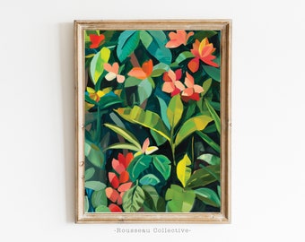 Lámina artística inspirada en la selva tropical de Henri Rousseau, decoración botánica para pared.