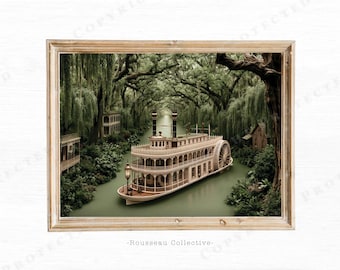 Bayou Steamboat Art Print | Vintage Deep South Decor | Southern Riverboat Wall Art