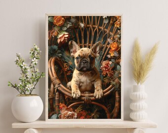 ヴィンテージフレンチブルドッグアートプリント：ダークアカデミア犬