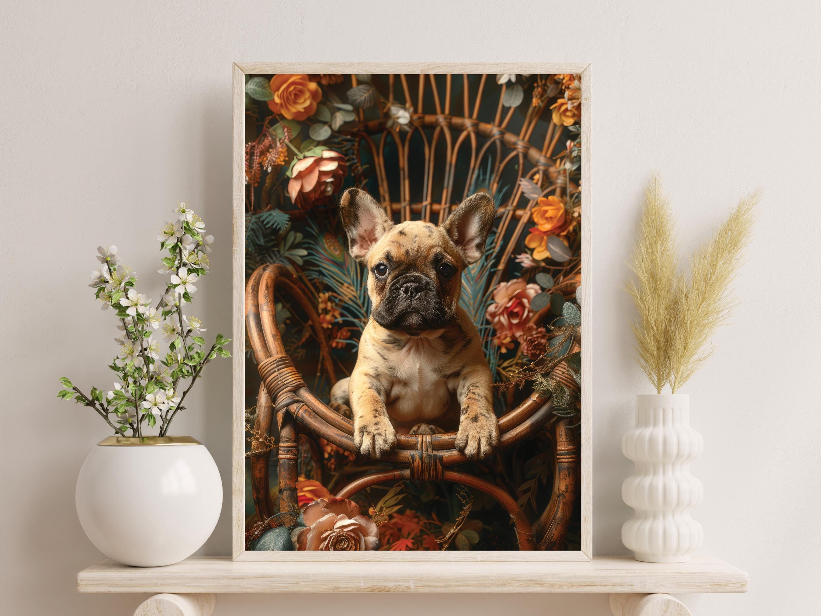 ヴィンテージフレンチブルドッグアートプリント：ダークアカデミア犬