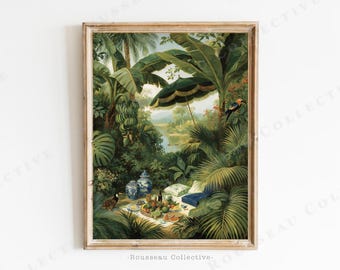 Tropical Picnic Wall Art- Jungle River Landscape - Toucan Parrot Print - Botanical Maximalist Art