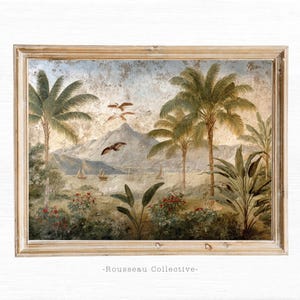 ヴィンテージトロピカル壁画プリント • コロニアルウォールアート • ヤシの木の海景ポスター • アンティークスタイルの旅行用装飾 • 古びた植物アートワークボヘミアンアート