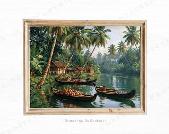 Kerala Backwaters Art Print | Coconut Boats India | Colonial Landscape Wall Decor