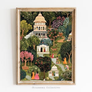 Indische Miniatur Kunstdruck | Serene Forest Tempelszene | Rajasthani Mughal Malerei | Hinduistische spirituelle Wanddekoration | Natur & Wildtiere Kunst