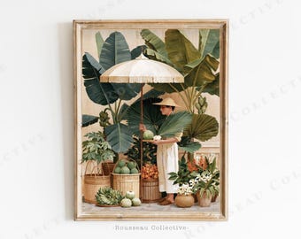 Tropical Market Wall Art - Coconut Vendor Print - Botanical Travel Art - Vintage Style Decor
