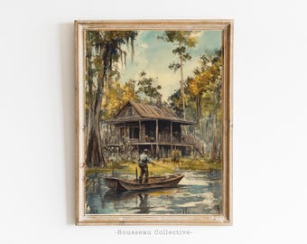 Peut inclure: Une peinture à l'aquarelle d'une cabane en bois dans un environnement marécageux. La cabane a une véranda et est entourée d'arbres. Une personne dans un bateau pêche dans l'eau devant la cabane.
