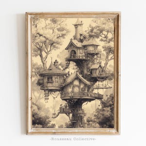 Aufwendige Baumhaus Zeichnung Kunstdruck - Handgezeichnete Bleistiftskizze eines skurrilen Baumhauses mit Schaukel, detaillierter Architektur & Waldlandschaft
