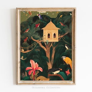 Stampa artistica della casa sull'albero della giungla magica - Decorazione murale tropicale ispirata a Henri Rousseau - Decorazione murale fantasy della giungla del loto bianco Decorazione per la casa verde