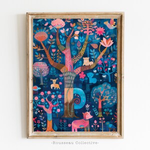 Kunstdruck Waldtiere - Bunte Illustration verzauberter Bäume, Wildtiere und Blumen, Kinderzimmer Dekor