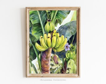 May include: Watercolour painting of a banana tree with a bunch of ripe yellow bananas hanging from the trunk. The tree is surrounded by large green leaves and a purple flower.