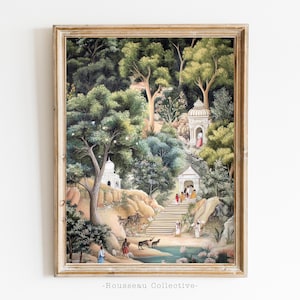 Indische Miniatur Kunstdruck | Serene Forest Tempelszene | Rajasthani Mughal Malerei | Hinduistische spirituelle Wanddekoration | Natur & Wildtiere Kunst