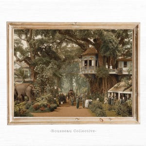 impression photo art vintage cabane dans les arbres de l'Inde coloniale, art de la carte postale du Raj britannique, éléphants de la jungle antiques, décoration orientaliste, nostalgie de la jungle