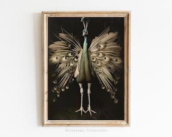 Lámina artística vintage de pavo real, decoración de pared estilo rústico de estilo academia oscura