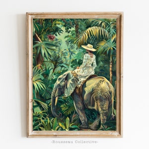 Stampa artistica Jungle Safari, elegante illustrazione di elefante esploratore, decorazione da parete per avventure tropicali, estetica vintage della fauna selvatica, stile boho