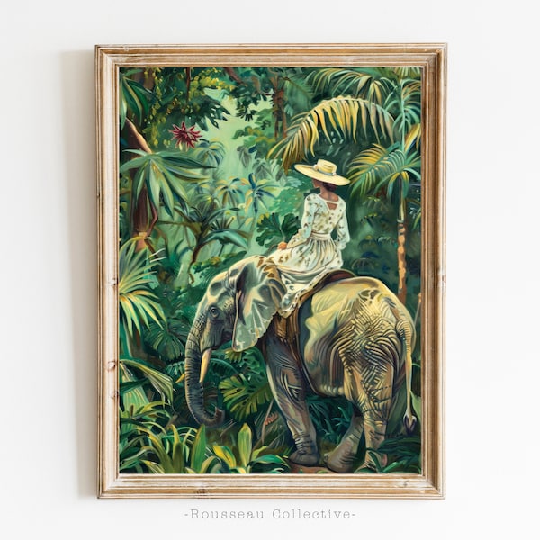 Vintage Antique Colonial Painting, Jungle Elephant Print Wall Art, Heritage Travel Print, British Colonial Style, Botanical, Tropical Decor