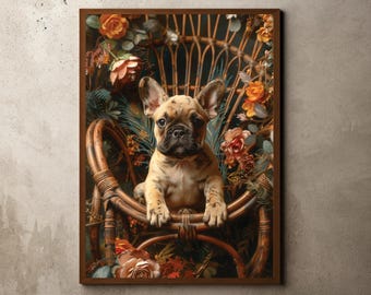 ヴィンテージフレンチブルドッグアートプリント：ダークアカデミア犬