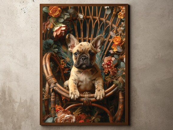ヴィンテージフレンチブルドッグアートプリント：ダークアカデミア犬