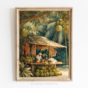 May include: A framed print of a tropical fruit stand. The artwork depicts a man in a white shirt and hat behind a wooden table laden with coconuts and other fruits. Lush green foliage and hanging decorations surround the stand.