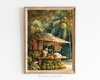 Tropical Coconut Vendor Art Print | Jungle Market Wall Art | Exotic Caribbean Asia Illustration