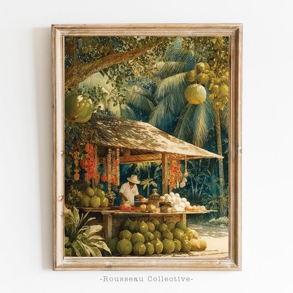 Tropical Coconut Vendor Art Print | Jungle Market Wall Art | Exotic Caribbean Asia Illustration